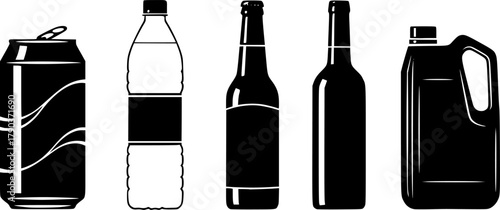 Silhouette set of beverage and liquid containers, soda can, water bottle, beer bottle, wine bottle, plastic jug, packaging design, recycling concept