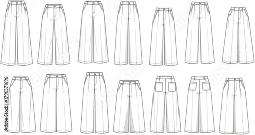 CAD drawing flat vector illustration of women’s wide leg pants fashion design technical sketch with different styles and details
