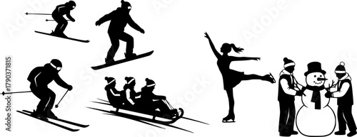 Winter activity silhouette vector illustration, skiing, snowboarding, sledding, skating, snowman building, outdoor fun, seasonal sports clipart, black figures, cold weather recreation