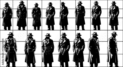 Mysterious silhouette men in trench coats and fedora hats, standing in grid formation, symbolizing anonymity, surveillance, uniformity, identity, secrecy, noir detective theme 