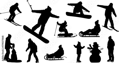 Winter activity silhouette vector illustration, skiing, snowboarding, sledding, skating, snowman building, outdoor fun, seasonal sports clipart, black figures, cold weather recreation
