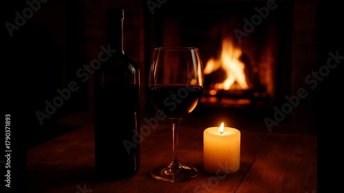 red wine and candle with a bottle and a cozy place in a house with fireplace