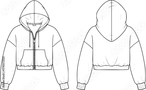 Cropped hoodie technical fashion flat sketch, zip up front view back view line drawing, CAD vector illustration template