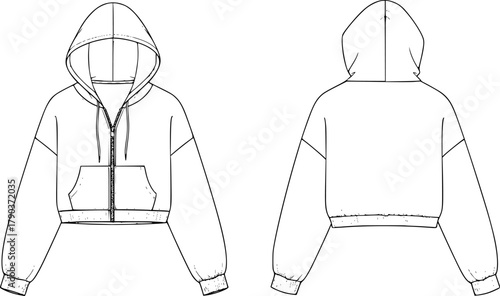 Cropped hoodie technical fashion flat sketch, zip up front view back view line drawing, CAD vector illustration template