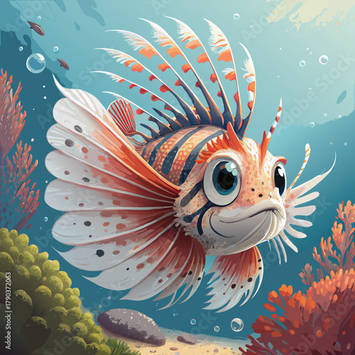 A cute cartoon lionfish swims peacefully in the ocean among coral and bubbles of air