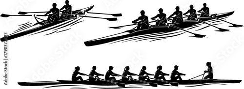 Silhouettes of single, double, quad, and eight-person rowing teams, sculling and sweep boats, competitive crew sport vector illustration, water racing concept