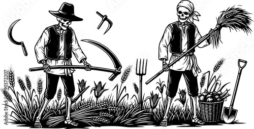 Skeleton farmers in traditional attire, harvesting crops with tools, symbolic agriculture and mortality concept, black and white vintage illustration, cultural farming scene