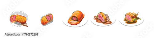 Beef wellington vector set collection graphic clipart design. Platter of Beef Wellington collection, in cartoon style minimal on transparent, white background, isolate, vector illustration.