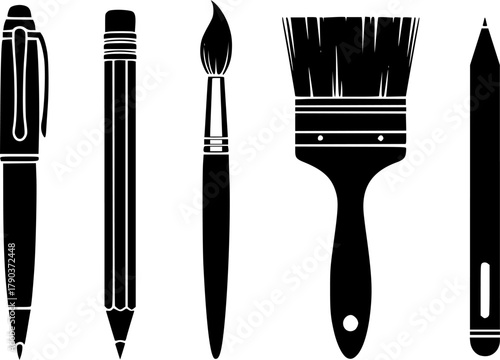 Writing and drawing tool icon set, black and white vector, pen pencil brush stylus, office stationery, sketch equipment, isolated graphic design