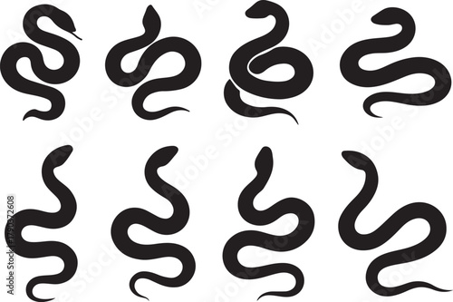 Collection of diverse black snake silhouettes, illustrating various serpentine forms and movements, isolated on white for graphic design.
