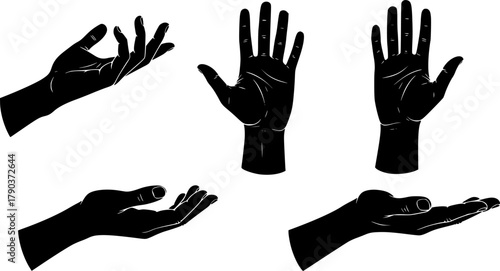 Black silhouette vector illustration of human hands in various open palm gestures, side view, isolated on white background for design, communication, art 