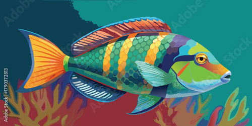 rainbow wrasse swimming in the ocean with coral reef in the background