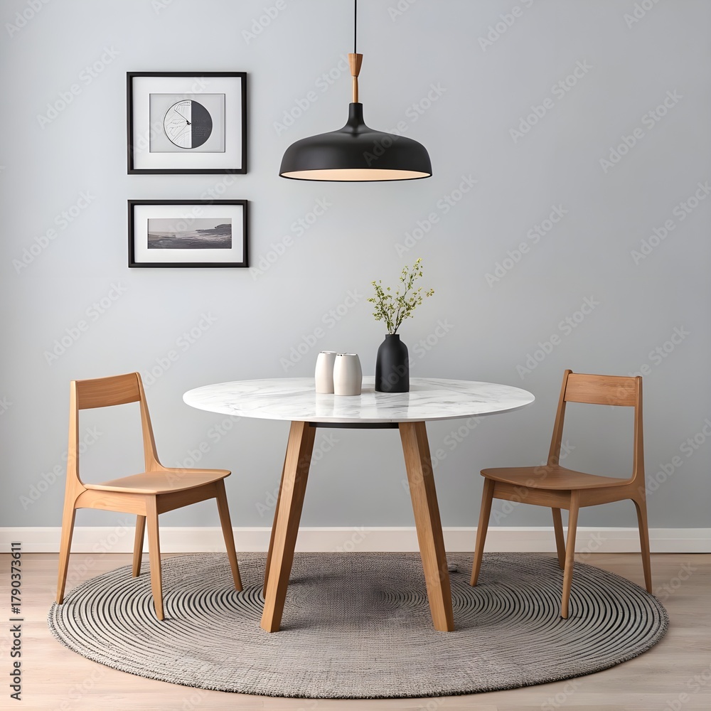 Fototapeta premium Modern Dining Room Interior with Round Marble Table and Wooden Chairs
