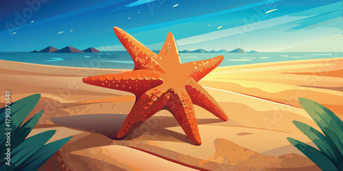 Vibrant starfish resting on a sandy beach with a calm ocean and distant mountains