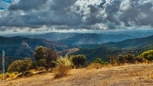 Fotografie Trees on hillside in hilly landscape with slopes covered in green trees under blue sky with clouds