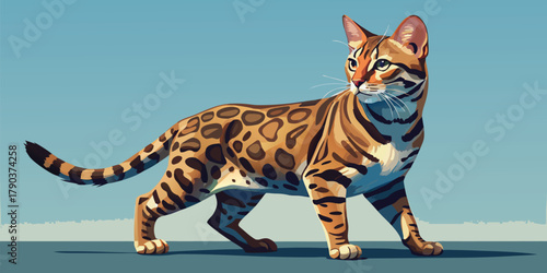 Bengal cat standing gracefully against a blue background with a curious expression on its face