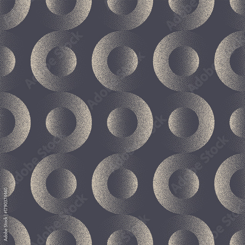 Volumetric circles seamless pattern trend grainy textured vector abstract background. Halftone art illustration for chic textile print or cozy home decor. Loopable graphical abstraction for wallpaper