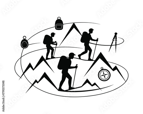 Silhouetted hikers with backpacks and trekking poles navigate mountainous terrain with navigational tools