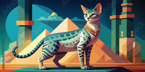 Elegant egyptian mau cat standing proudly in front of pyramids and ancient architecture