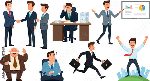 Businessmen in various office activities and poses