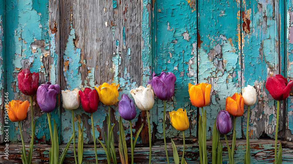 Fototapeta premium Colorful tulips against weathered turquoise wood flowers floral