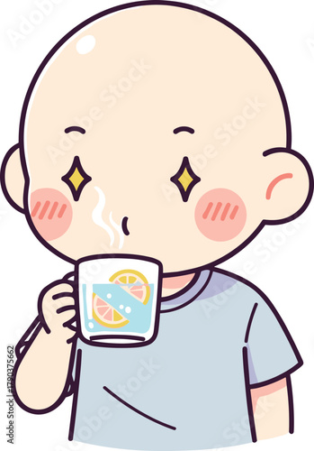 Cute bald child drinking a refreshing beverage