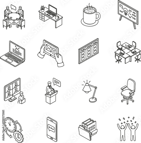 Isometric line art icons depicting various aspects of business, office work, meetings, and productivity, including technology and collaboration.