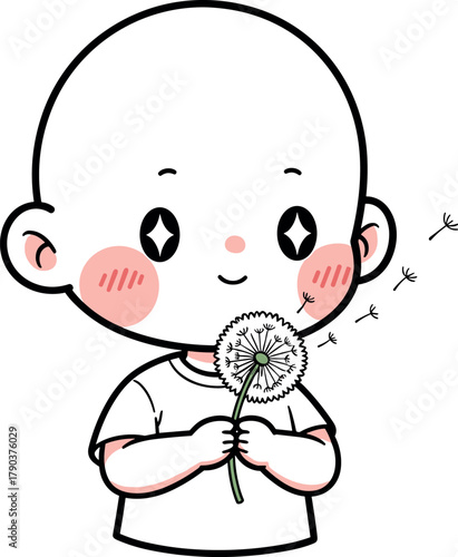 Cute cartoon child blowing dandelion seeds