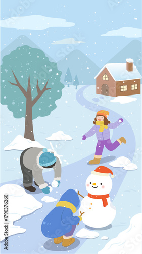 Winter landscape with kids enjoying outdoor activities: snowball fight and snowman