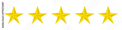 Five stars rating icon showing best quality. Five stars customer product rating review. Yellow isolated five stars. Customer feedback