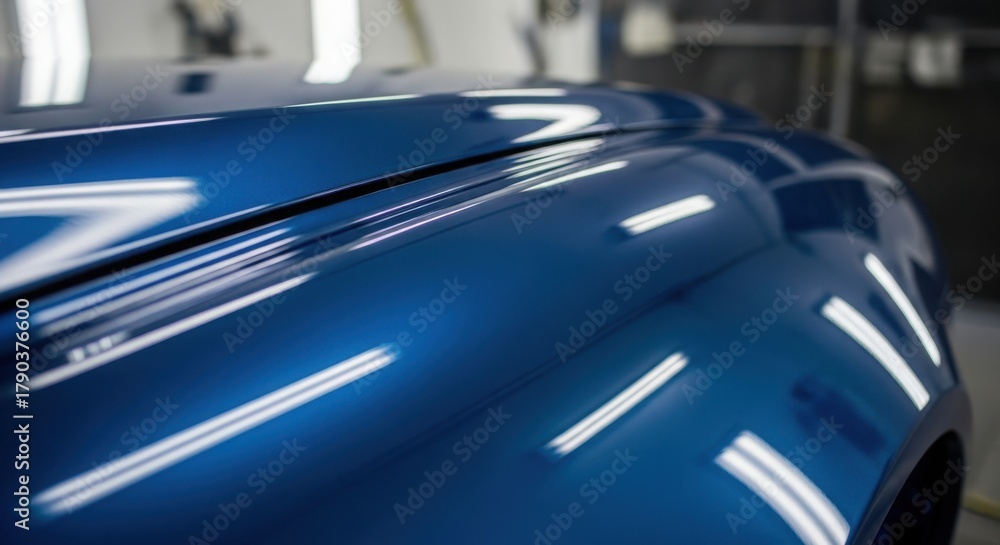 Fototapeta premium Car detailing with glossy, reflective paint shows excellent car detailing techniques. Car detailing of vehicle surface shows smooth, flawless bodywork, including lights and trim pieces.