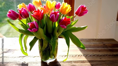 Vibrant Spring Tulip Bouquet on Rustic Wooden Table by Sunny Window