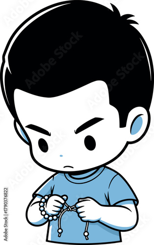 Chibi boy concentrating while making prayer beads