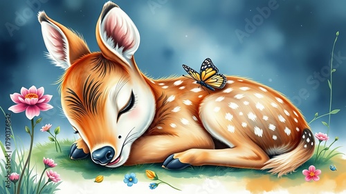 Fototapeta Naklejka Na Ścianę i Meble -  A sweet fawn sleeps peacefully in a meadow with a beautiful monarch butterfly resting on its back under a dreamy blue and green sky on a summer evening.