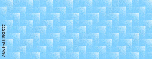 Vector abstract wide panoramic background with light blue chevron zigzag pattern. Digital halftone structure backdrop with icy, transparent, grainy texture evokes clarity, tech and security aesthetics