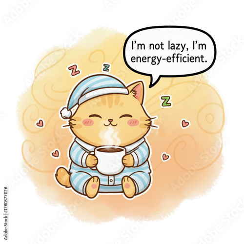 Cute cartoon cat in pajamas enjoying a warm drink and claiming to be energy efficient not lazy, humorously relatable and perfect for lifestyle content