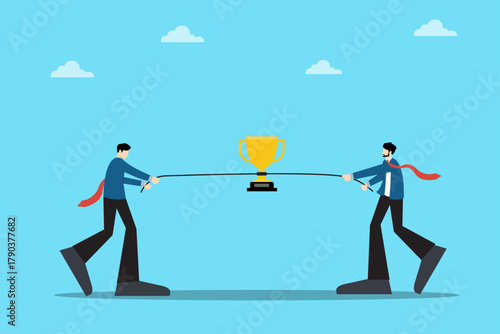 Vector illustration of two businessmen pulling a rope with a trophy in the middle. Represents ambition, teamwork, healthy competition, and the struggle to achieve success in the business world.