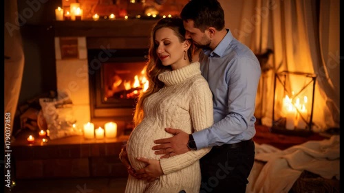 young couple at home, beloved husband embracing the bell of his pregnant wife