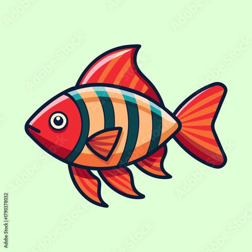 Cartoon striped orange and red fish with big eye on light background