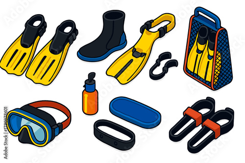 Vibrant Diving Gear Icons. Isometric vector illustration set Underwater diving gear – open-heel fins, adjustable straps, blade