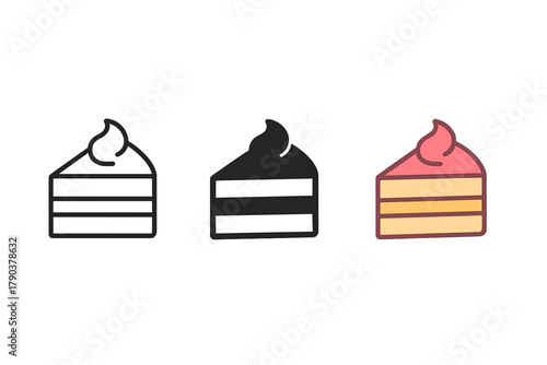 Minimalist Cake Icons. Minimalist cake icon: three identical slice of cake icons in a row, first in line style with thin outline,