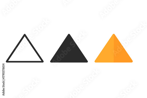 Minimalist Pyramid Icons. Minimalist pyramid icon: three identical pyramid icons in a row, first in line style with thin outline,