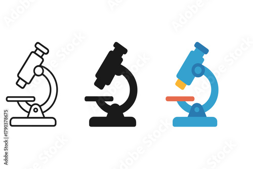 Microscope Icon Trio. Minimalist microscope icon: three identical microscopes in side view in a row, first in line style with thin