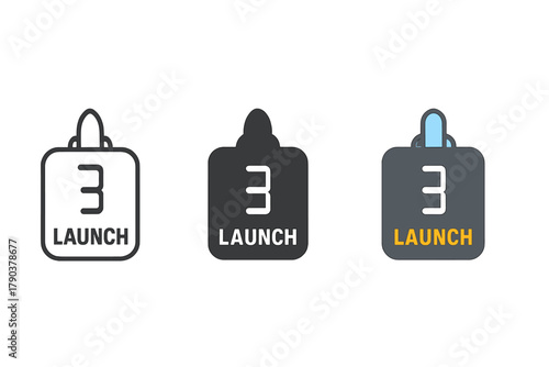 Countdown Timer Icons. Minimalist launch countdown icon: three identical digital countdown timer icons in a row, first in line