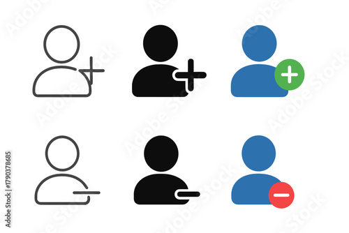 User Icon Variations. Linear minimalistic add user icon: person outline with plus sign, uniform line thickness, no fill, Solid add