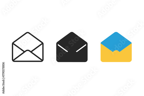 Minimalist Mail Icons. Minimalist open mail icon: three identical open envelopes in a row, first in line style with thin outline,