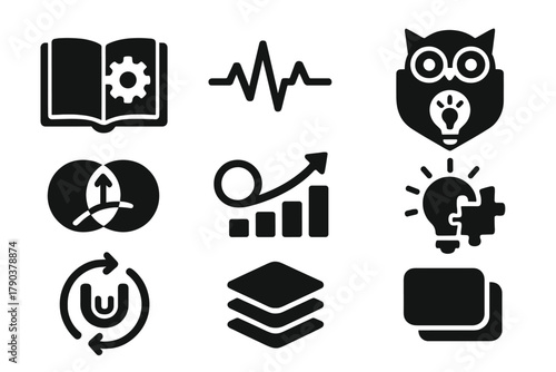 Coaching Icons Fusion. Solid style icons of coaching from experience+trends: classic skillbook icon, trend pulse glyph,