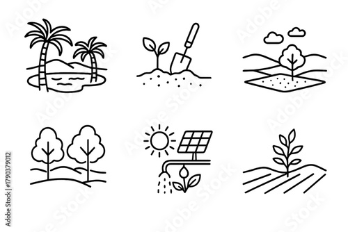 Desert Greening Icons. Line style icons of desert greening: oasis restoration project, tree planting in arid zone, green patch in