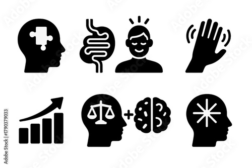 Neurological Icons Collection. Solid style icons of FMT for neurological disorders: autism spectrum icon, gut-brain wire, anxiety