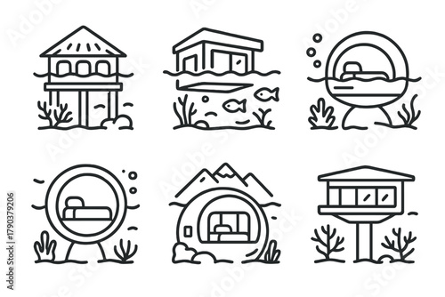 Iconic Underwater Structures. Line style icons of iconic underwater structures: Maldives reef hotel, Dubai submerged villa, Bali